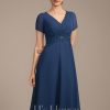 Mother of the Bride Dresses | A-line V-Neck Knee-Length Chiffon Lace Mother of the Bride Dress With Pleated Beading Sequins Navy Blue – Womens