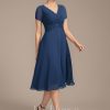 Mother of the Bride Dresses | A-line V-Neck Knee-Length Chiffon Lace Mother of the Bride Dress With Pleated Beading Sequins Navy Blue – Womens