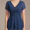 Mother of the Bride Dresses | A-line V-Neck Knee-Length Chiffon Lace Mother of the Bride Dress With Pleated Beading Sequins Navy Blue – Womens