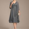 Mother of the Bride Dresses | A-line V-Neck Knee-Length Lace Chiffon Mother of the Bride Dress With Cascading Ruffles Sequins Steel Grey – Womens