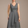 Mother of the Bride Dresses | A-line V-Neck Knee-Length Lace Chiffon Mother of the Bride Dress With Cascading Ruffles Sequins Steel Grey – Womens