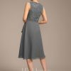 Mother of the Bride Dresses | A-line V-Neck Knee-Length Lace Chiffon Mother of the Bride Dress With Cascading Ruffles Sequins Steel Grey – Womens