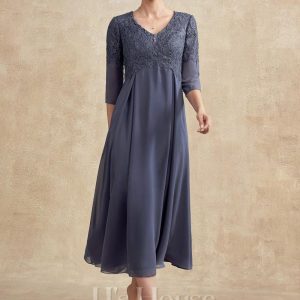 Mother of the Bride Dresses | A-line V-Neck Tea-Length Chiffon Lace Mother of the Bride Dress With Beading Stormy – Womens