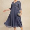 Mother of the Bride Dresses | A-line V-Neck Tea-Length Chiffon Lace Mother of the Bride Dress With Beading Stormy – Womens