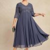 Mother of the Bride Dresses | A-line V-Neck Tea-Length Chiffon Lace Mother of the Bride Dress With Beading Stormy – Womens