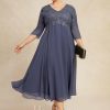 Mother of the Bride Dresses | A-line V-Neck Tea-Length Chiffon Lace Mother of the Bride Dress With Beading Stormy – Womens