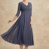 Mother of the Bride Dresses | A-line V-Neck Tea-Length Chiffon Lace Mother of the Bride Dress With Beading Stormy – Womens