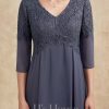 Mother of the Bride Dresses | A-line V-Neck Tea-Length Chiffon Lace Mother of the Bride Dress With Beading Stormy – Womens