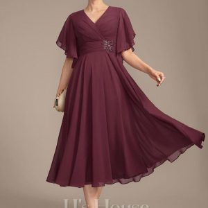 Mother of the Bride Dresses | A-line V-Neck Tea-Length Chiffon Mother of the Bride Dress With Pleated Beading Cabernet – Womens