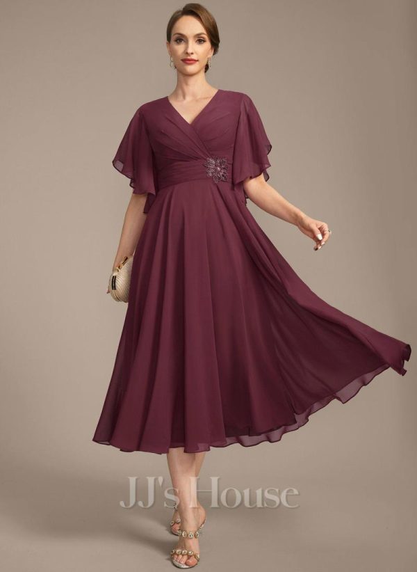 Mother of the Bride Dresses | A-line V-Neck Tea-Length Chiffon Mother of the Bride Dress With Pleated Beading Cabernet – Womens