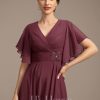 Mother of the Bride Dresses | A-line V-Neck Tea-Length Chiffon Mother of the Bride Dress With Pleated Beading Cabernet – Womens