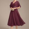 Mother of the Bride Dresses | A-line V-Neck Tea-Length Chiffon Mother of the Bride Dress With Pleated Beading Cabernet – Womens