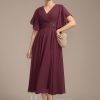 Mother of the Bride Dresses | A-line V-Neck Tea-Length Chiffon Mother of the Bride Dress With Pleated Beading Cabernet – Womens