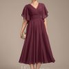 Mother of the Bride Dresses | A-line V-Neck Tea-Length Chiffon Mother of the Bride Dress With Pleated Beading Cabernet – Womens