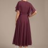 Mother of the Bride Dresses | A-line V-Neck Tea-Length Chiffon Mother of the Bride Dress With Pleated Beading Cabernet – Womens