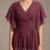 Mother of the Bride Dresses | A-line V-Neck Tea-Length Chiffon Mother of the Bride Dress With Pleated Beading Cabernet – Womens