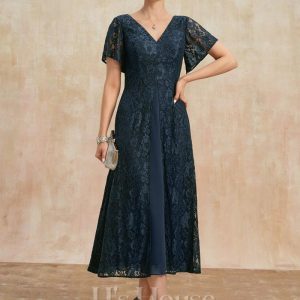 Mother of the Bride Dresses | A-line V-Neck Tea-Length Lace Chiffon Mother of the Bride Dress Dark Navy – Womens