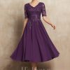 Mother of the Bride Dresses | A-line V-Neck Tea-Length Lace Chiffon Mother of the Bride Dress With Sequins Grape – Womens