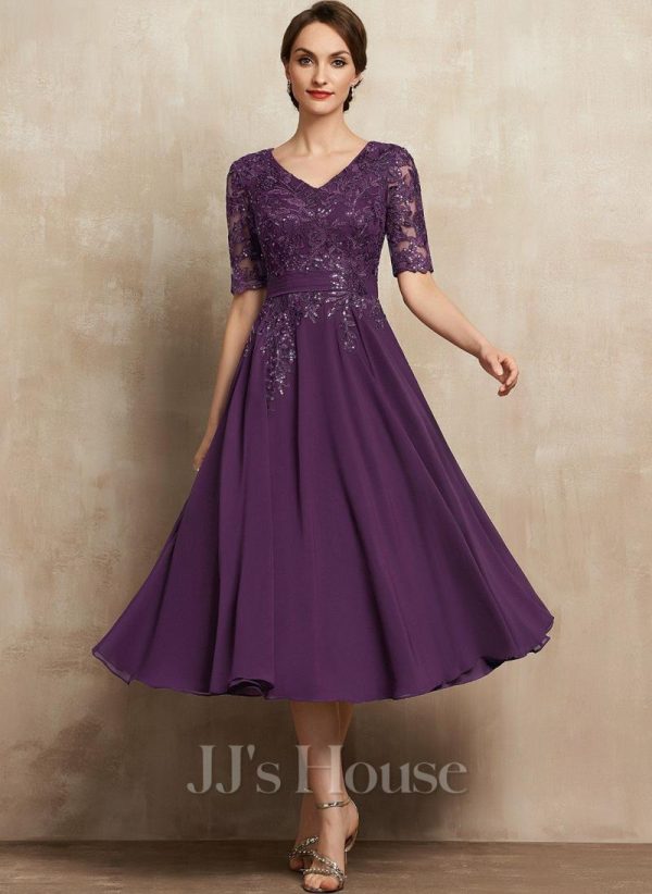 Mother of the Bride Dresses | A-line V-Neck Tea-Length Lace Chiffon Mother of the Bride Dress With Sequins Grape – Womens