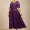 Mother of the Bride Dresses | A-line V-Neck Tea-Length Lace Chiffon Mother of the Bride Dress With Sequins Grape – Womens