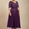 Mother of the Bride Dresses | A-line V-Neck Tea-Length Lace Chiffon Mother of the Bride Dress With Sequins Grape – Womens