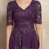 Mother of the Bride Dresses | A-line V-Neck Tea-Length Lace Chiffon Mother of the Bride Dress With Sequins Grape – Womens