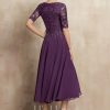 Mother of the Bride Dresses | A-line V-Neck Tea-Length Lace Chiffon Mother of the Bride Dress With Sequins Grape – Womens