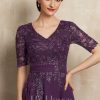 Mother of the Bride Dresses | A-line V-Neck Tea-Length Lace Chiffon Mother of the Bride Dress With Sequins Grape – Womens