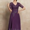 Mother of the Bride Dresses | A-line V-Neck Tea-Length Lace Chiffon Mother of the Bride Dress With Sequins Grape – Womens