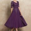 Mother of the Bride Dresses | A-line V-Neck Tea-Length Lace Chiffon Mother of the Bride Dress With Sequins Grape – Womens