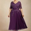 Mother of the Bride Dresses | A-line V-Neck Tea-Length Lace Chiffon Mother of the Bride Dress With Sequins Grape – Womens