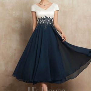 Mother of the Bride Dresses | A-line V-Neck Tea-Length Satin Chiffon Mother of the Bride Dress With Appliques Lace Dark Navy – Womens