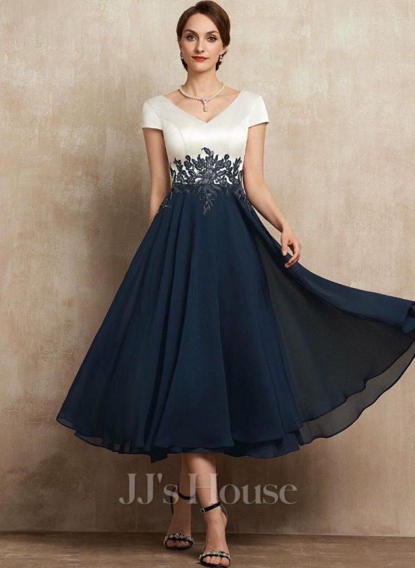 Mother of the Bride Dresses | A-line V-Neck Tea-Length Satin Chiffon Mother of the Bride Dress With Appliques Lace Dark Navy – Womens