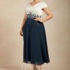 Mother of the Bride Dresses | A-line V-Neck Tea-Length Satin Chiffon Mother of the Bride Dress With Appliques Lace Dark Navy – Womens