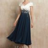 Mother of the Bride Dresses | A-line V-Neck Tea-Length Satin Chiffon Mother of the Bride Dress With Appliques Lace Dark Navy – Womens