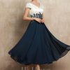 Mother of the Bride Dresses | A-line V-Neck Tea-Length Satin Chiffon Mother of the Bride Dress With Appliques Lace Dark Navy – Womens