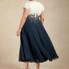 Mother of the Bride Dresses | A-line V-Neck Tea-Length Satin Chiffon Mother of the Bride Dress With Appliques Lace Dark Navy – Womens