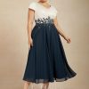 Mother of the Bride Dresses | A-line V-Neck Tea-Length Satin Chiffon Mother of the Bride Dress With Appliques Lace Dark Navy – Womens