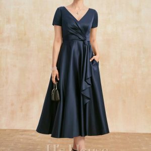 Mother of the Bride Dresses | A-line V-Neck Tea-Length Satin Mother of the Bride Dress With Cascading Ruffles Dark Navy – Womens