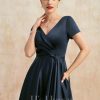 Mother of the Bride Dresses | A-line V-Neck Tea-Length Satin Mother of the Bride Dress With Cascading Ruffles Dark Navy – Womens