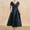 Mother of the Bride Dresses | A-line V-Neck Tea-Length Satin Mother of the Bride Dress With Cascading Ruffles Dark Navy – Womens