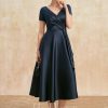 Mother of the Bride Dresses | A-line V-Neck Tea-Length Satin Mother of the Bride Dress With Cascading Ruffles Dark Navy – Womens