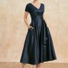 Mother of the Bride Dresses | A-line V-Neck Tea-Length Satin Mother of the Bride Dress With Cascading Ruffles Dark Navy – Womens