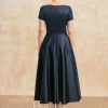 Mother of the Bride Dresses | A-line V-Neck Tea-Length Satin Mother of the Bride Dress With Cascading Ruffles Dark Navy – Womens