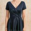 Mother of the Bride Dresses | A-line V-Neck Tea-Length Satin Mother of the Bride Dress With Cascading Ruffles Dark Navy – Womens