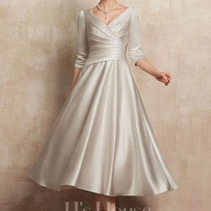 Mother of the Bride Dresses | A-line V-Neck Tea-Length Satin Mother of the Bride Dress With Pleated As Picture – Womens