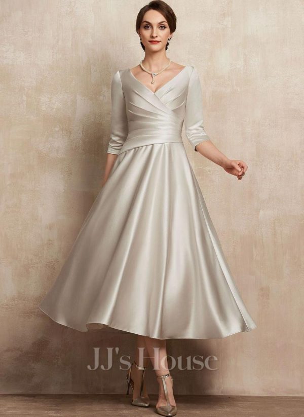 Mother of the Bride Dresses | A-line V-Neck Tea-Length Satin Mother of the Bride Dress With Pleated As Picture – Womens