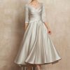 Mother of the Bride Dresses | A-line V-Neck Tea-Length Satin Mother of the Bride Dress With Pleated As Picture – Womens