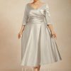 Mother of the Bride Dresses | A-line V-Neck Tea-Length Satin Mother of the Bride Dress With Pleated As Picture – Womens