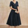 Mother of the Bride Dresses | A-line V-Neck Tea-Length Tulle Lace Mother of the Bride Dress With Pleated Dark Navy – Womens